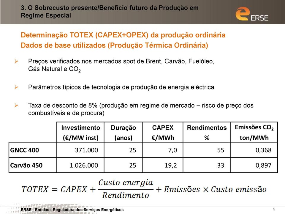 energia eléctrica Taxa de desconto de 8% (produção em regime de mercado risco de preço dos combustíveis e de procura) Investimento Duração CAPEX Rendimentos