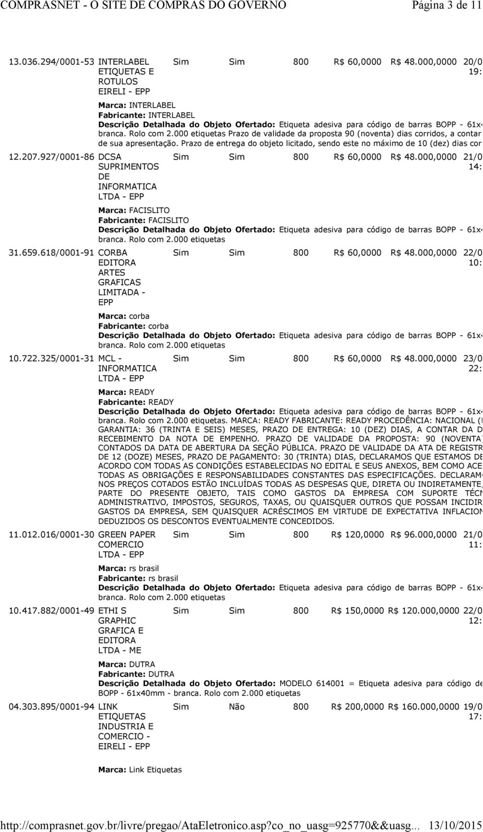 895/0001-94 LINK INDUSTRIA E COMERCIO - EIRELI - Sim Sim 800 R$ 60,0000 R$ 48.