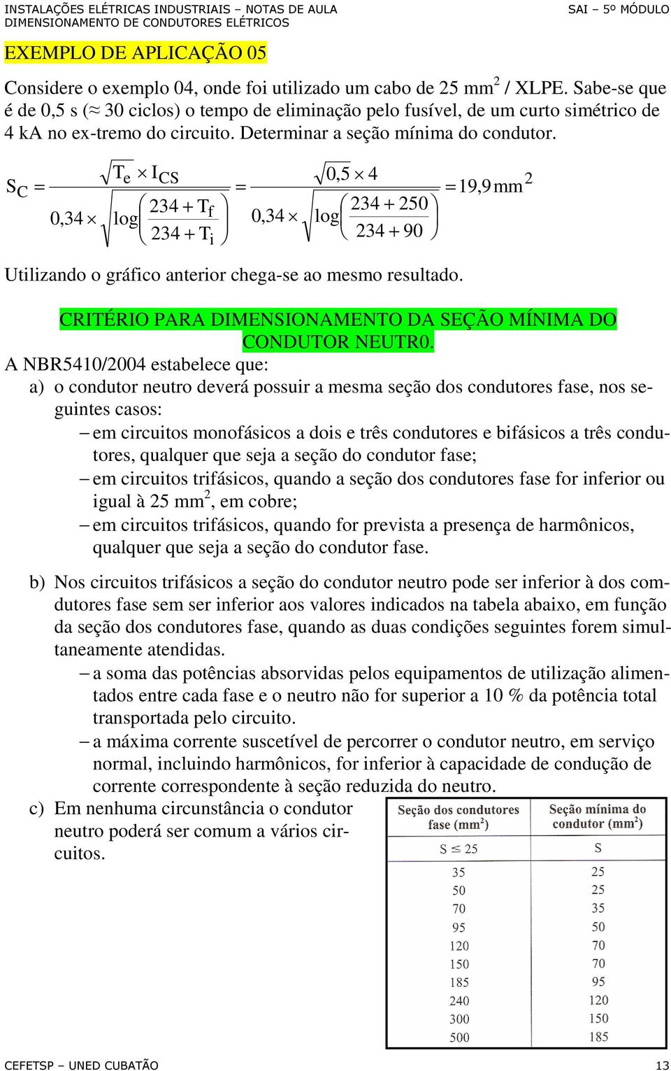 Te ICS 0,5 4 2 S C 19,9 mm 234 + Tf 234 + 250 0,34 log 0,34 log 234 T + i 234 + 90 Utilizando o gráfico anterior chega-se ao mesmo resultado.