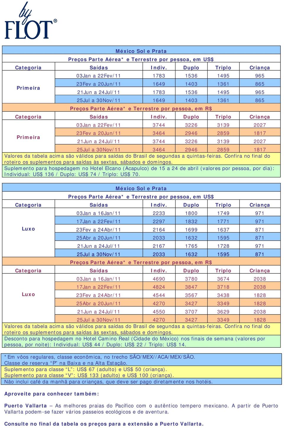 25Jul a 30Nov/11 3464 2946 2859 1817 Suplemento para hospedagem no Hotel Elcano (Acapulco) de 15 a 24 de abril (valores por pessoa, por dia): Individual: US$ 136 / Duplo: US$ 74 / Triplo: US$ 70.