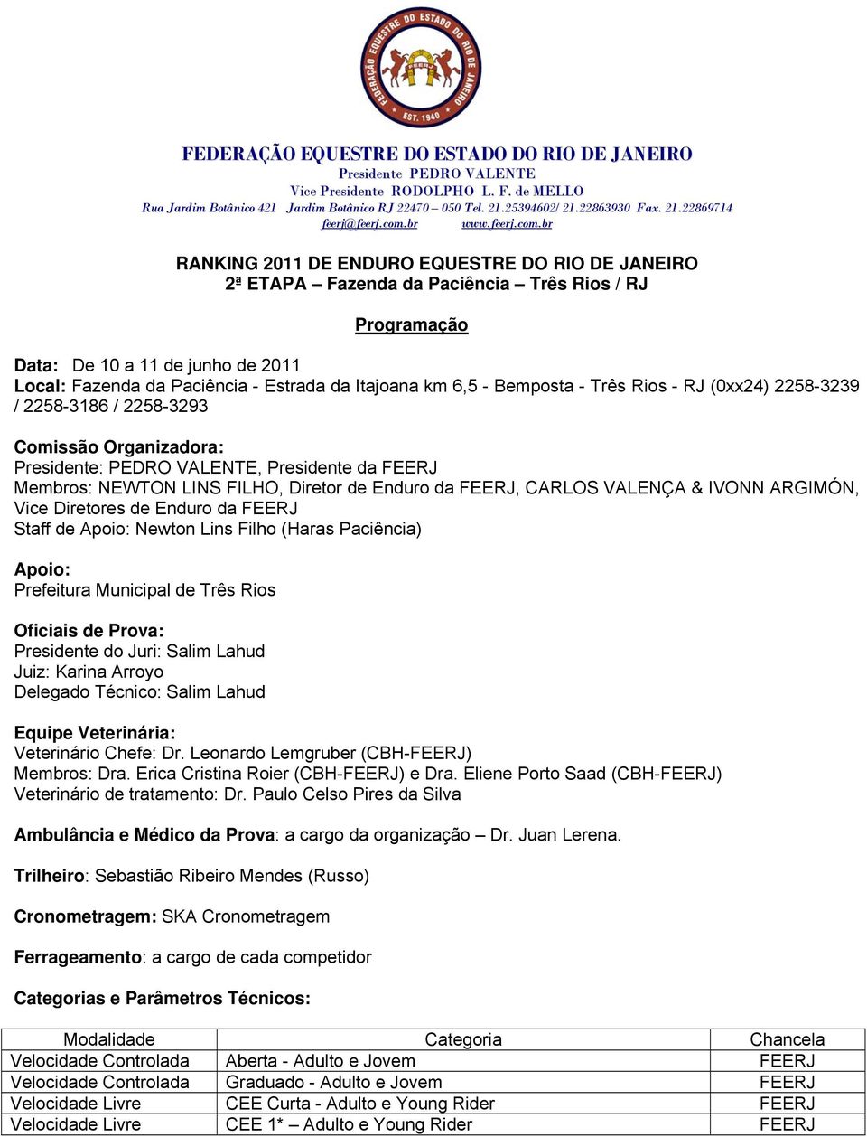 CARLOS VALENÇA & IVONN ARGIMÓN, Vice Diretores de Enduro da FEERJ Staff de Apoio: Newton Lins Filho (Haras Paciência) Apoio: Prefeitura Municipal de Três Rios Oficiais de Prova: Presidente do Juri: