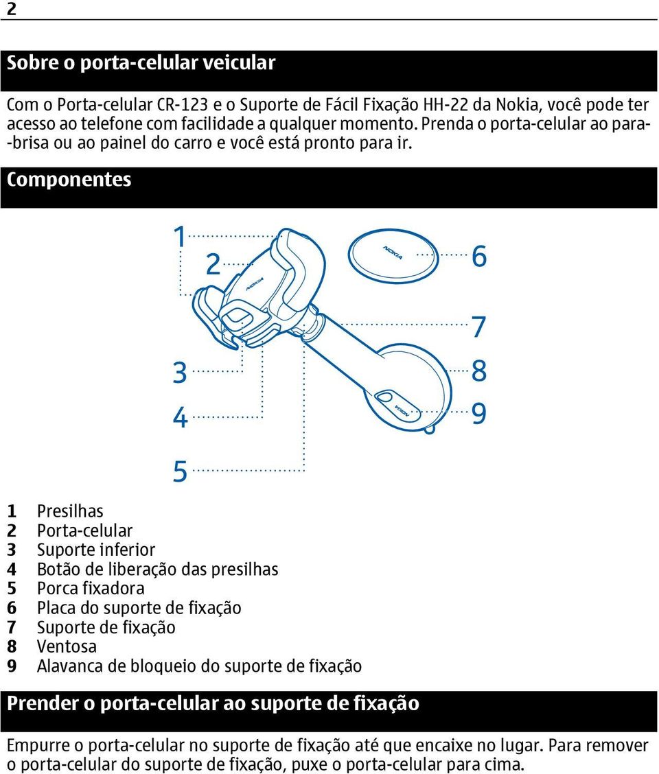 Componentes 1 Presilhas 2 Porta-celular 3 Suporte inferior 4 Botão de liberação das presilhas 5 Porca fixadora 6 Placa do suporte de fixação 7 Suporte de fixação 8