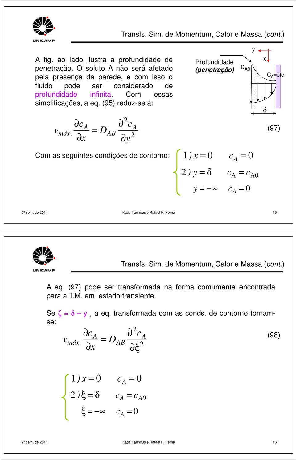 (95) reduz-se à: v máx. x = D B y Profundidade (penetração) Com as seguintes ondições de ontorno: ) x 0 ) y = δ = y = y 0 x C =te δ (97) º sem.