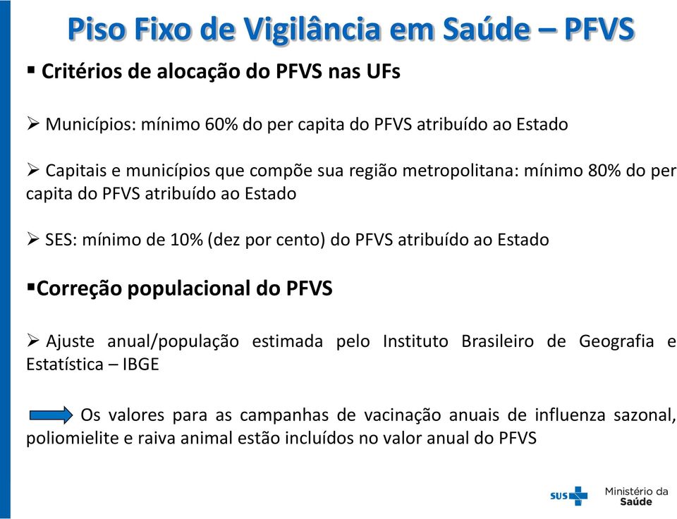 cento) do PFVS atribuído ao Estado Correção populacional do PFVS Ajuste anual/população estimada pelo Instituto Brasileiro de Geografia e