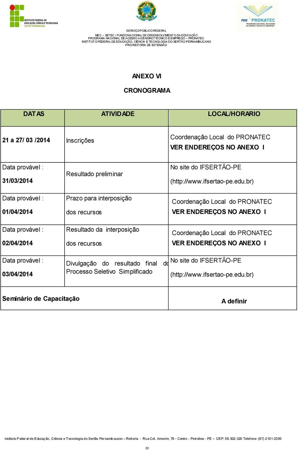 br) Data provável : 01/04/2014 Prazo para interposição dos recursos Coordenação Local do PRONATEC VER ENDEREÇOS NO ANEXO I Data provável : 02/04/2014 Resultado da