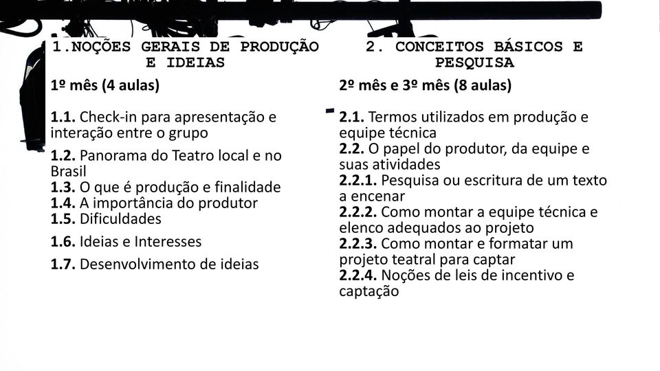 CONCEITOS BÁSICOS E PESQUISA 2º mês e 3º mês (8 aulas) 2.1. Termos utilizados em produção e equipe técnica 2.2. O papel do produtor, da equipe e suas atividades 2.2.1. Pesquisa ou escritura de um texto a encenar 2.