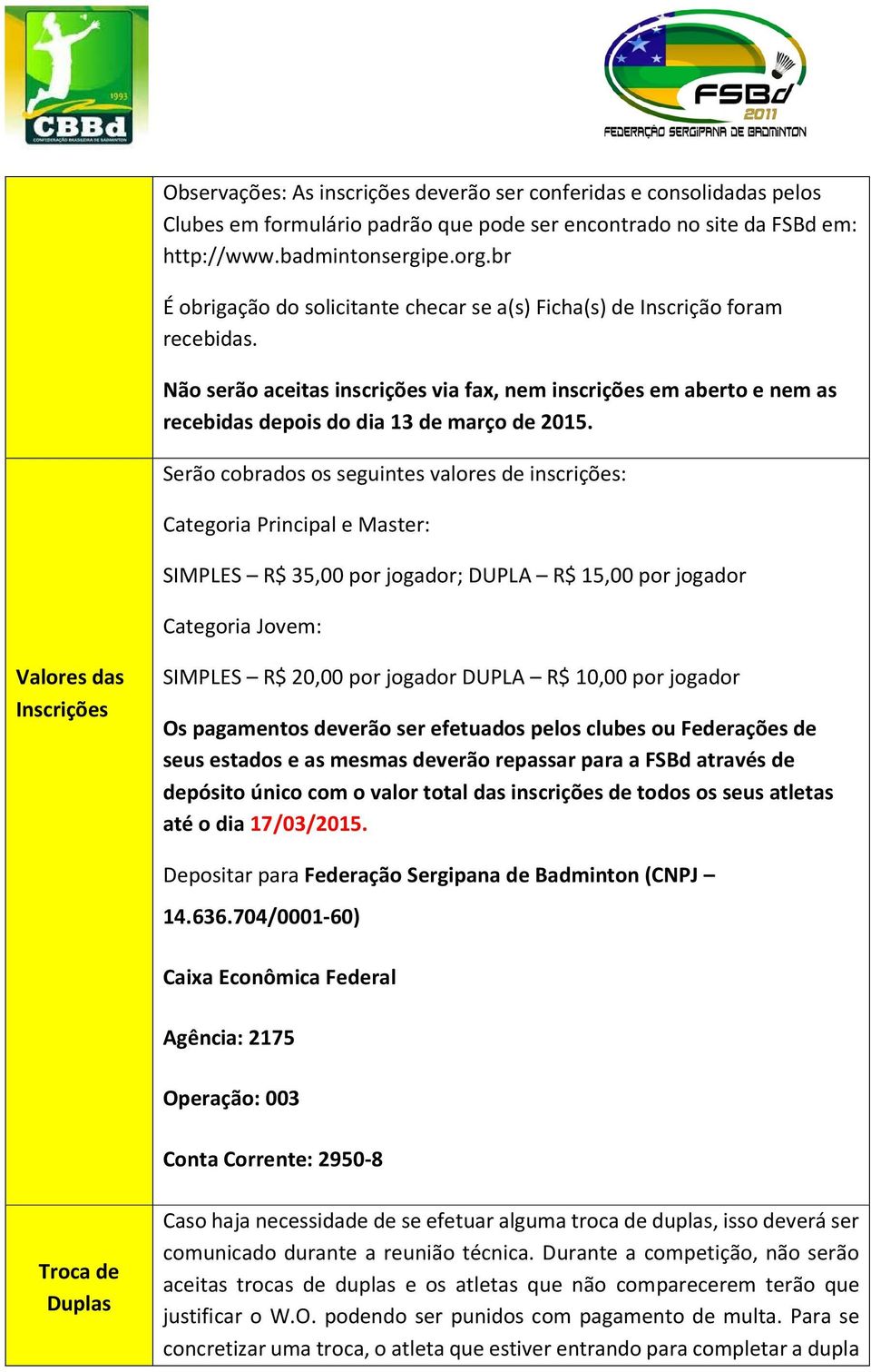 Serão cobrados os seguintes valores de inscrições: Categoria Principal e Master: SIMPLES R$ 35,00 por jogador; DUPLA R$ 15,00 por jogador Categoria Jovem: Valores das Inscrições SIMPLES R$ 20,00 por