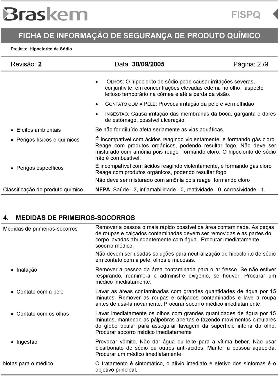 Efeitos ambientais Perigos físicos e químicos Perigos específicos Se não for diluído afeta seriamente as vias aquáticas. É incompatível com ácidos reagindo violentamente, e formando gás cloro.