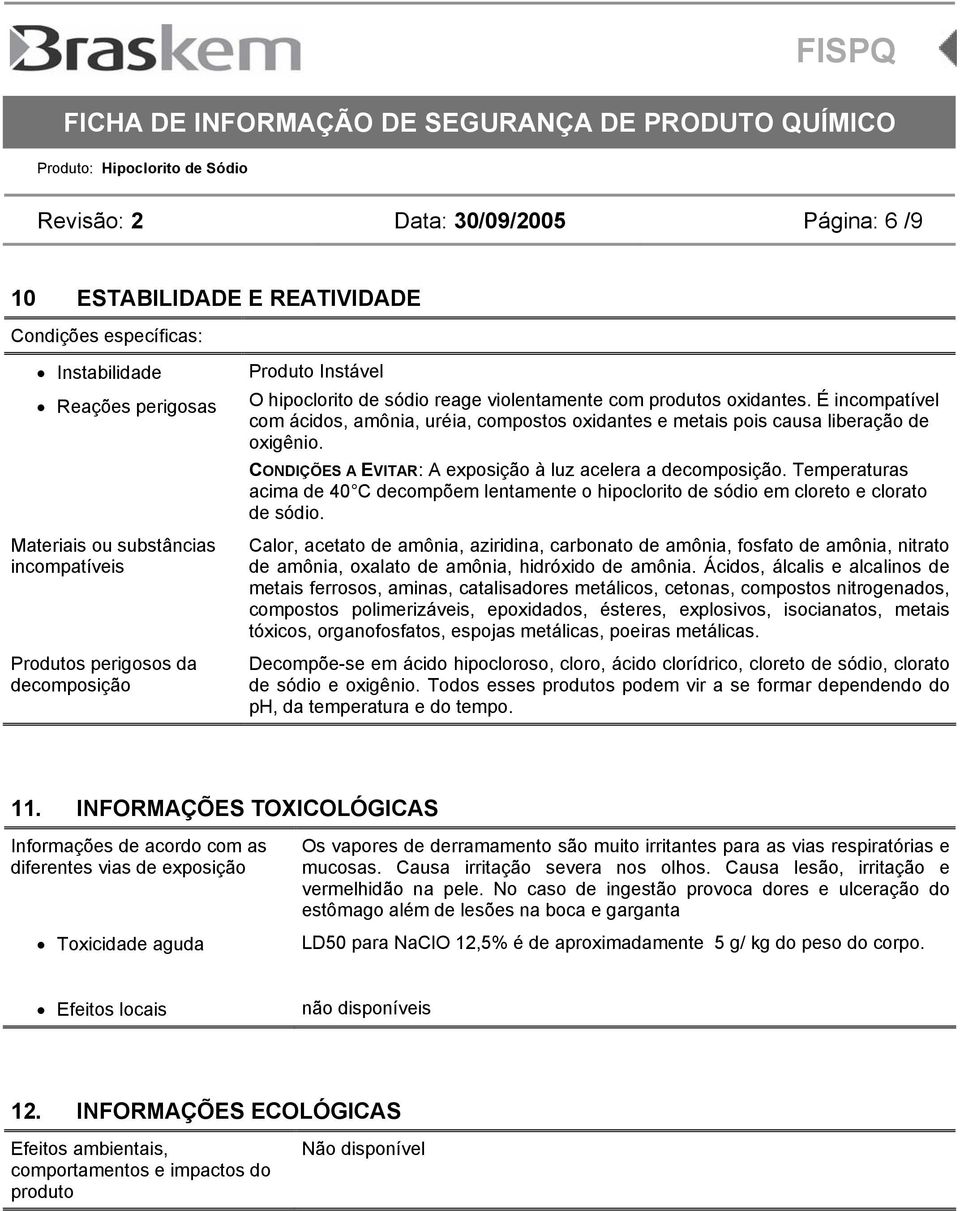 CONDIÇÕES A EVITAR: A exposição à luz acelera a decomposição. Temperaturas acima de 40 C decompõem lentamente o hipoclorito de sódio em cloreto e clorato de sódio.