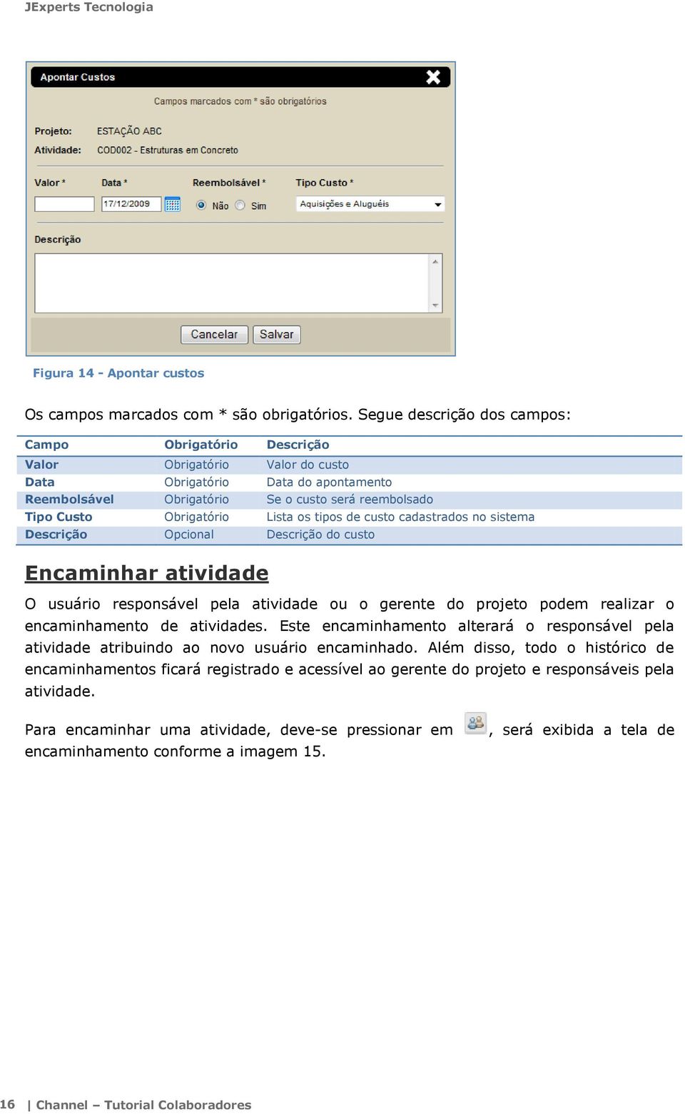 cadastrads n sistema Descriçã Opcinal Descriçã d cust Encaminhar atividade O usuári respnsável pela atividade u gerente d prjet pdem realizar encaminhament de atividades.