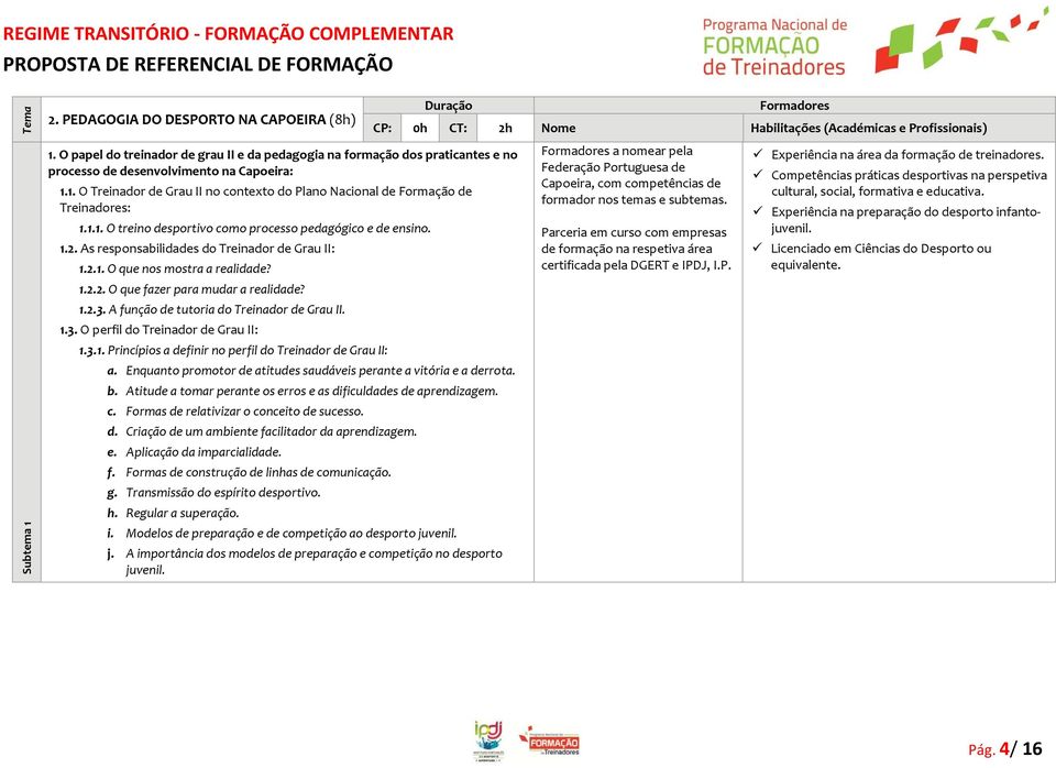 A função de tutoria do Treinador de Grau II. 1.3. O perfil do Treinador de Grau II: 1.3.1. Princípios a definir no perfil do Treinador de Grau II: a.