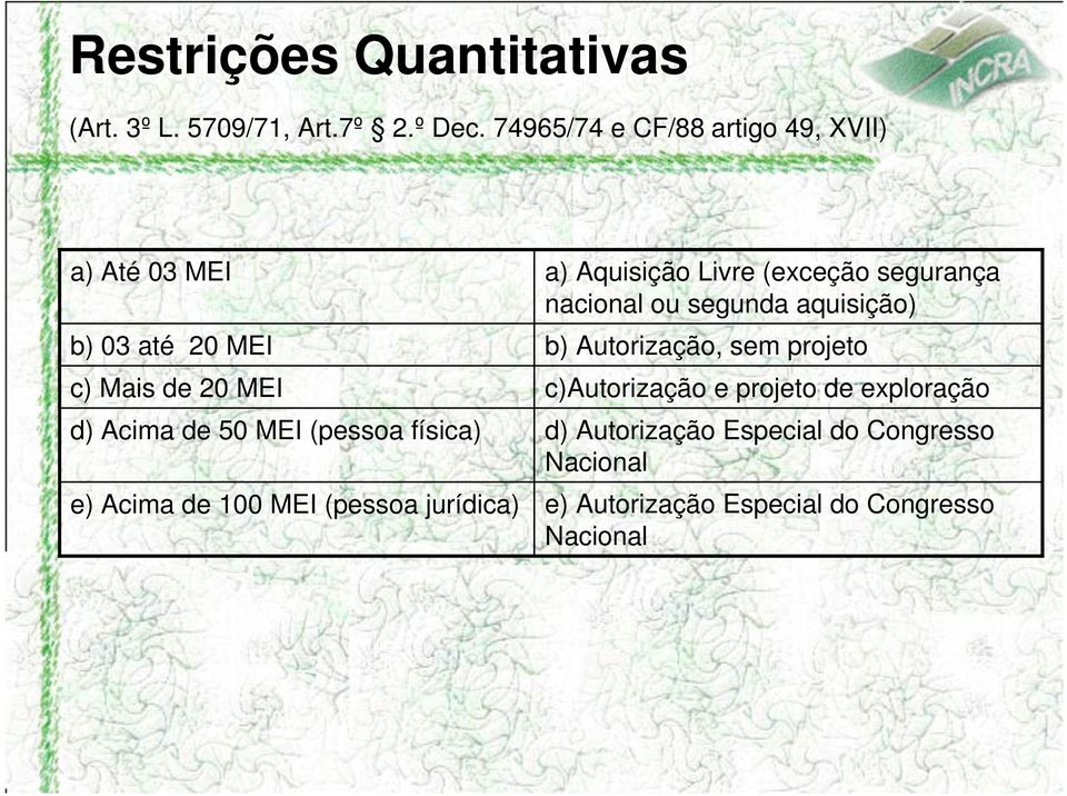 física) e) Acima de 100 MEI (pessoa jurídica) a) Aquisição Livre (exceção segurança nacional ou segunda