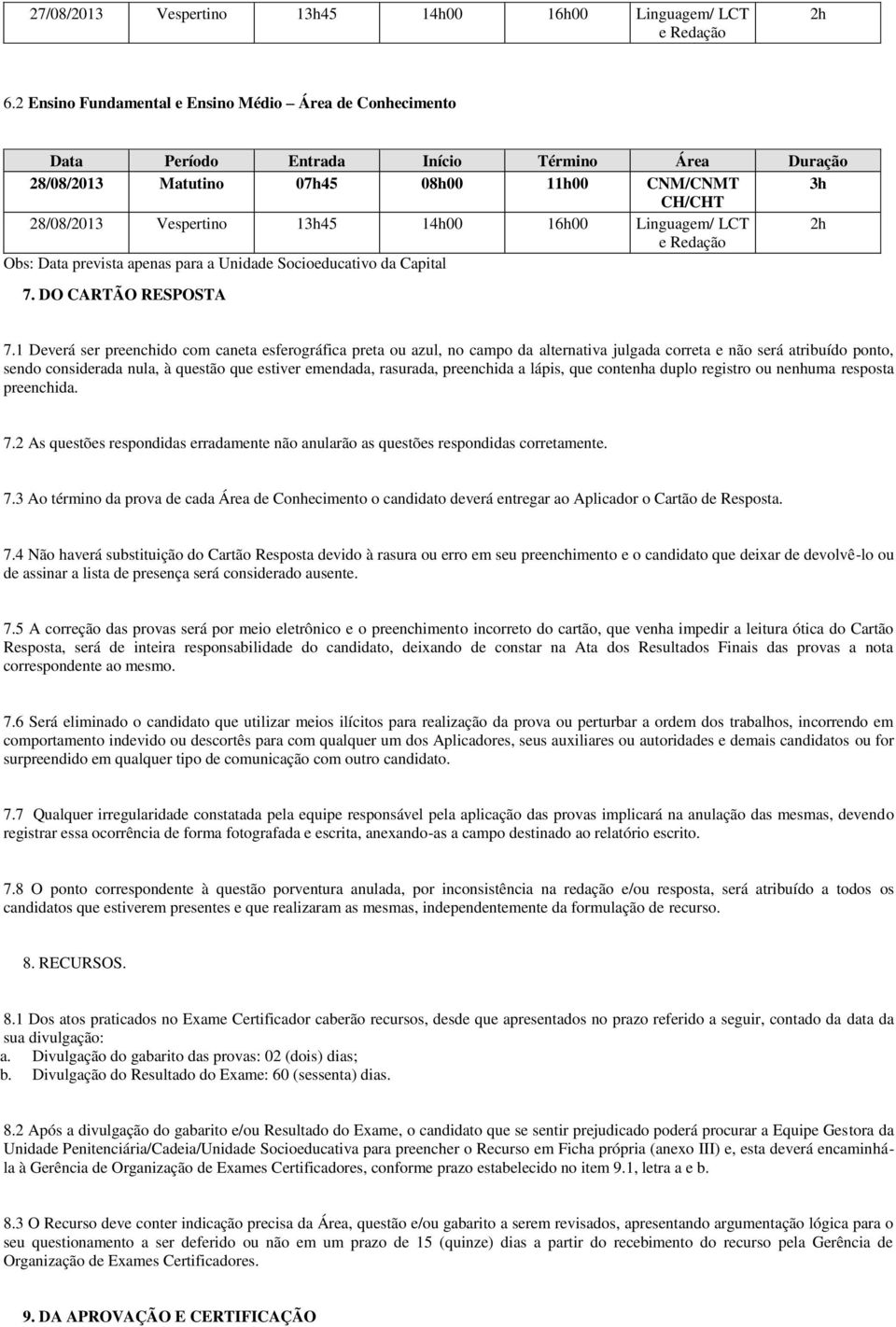 16h00 Linguagem/ LCT 2h e Redação Obs: Data prevista apenas para a Unidade Socioeducativo da Capital 7. DO CARTÃO RESPOSTA 7.