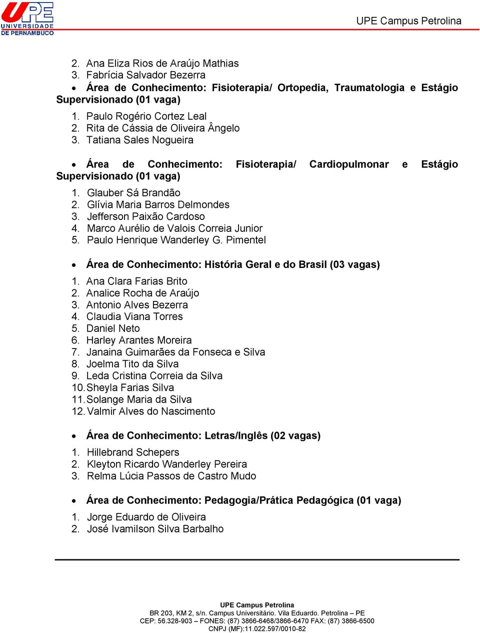 Jefferson Paixão Cardoso 4. Marco Aurélio de Valois Correia Junior 5. Paulo Henrique Wanderley G. Pimentel Área de Conhecimento: História Geral e do Brasil (03 vagas) 1. Ana Clara Farias Brito 2.