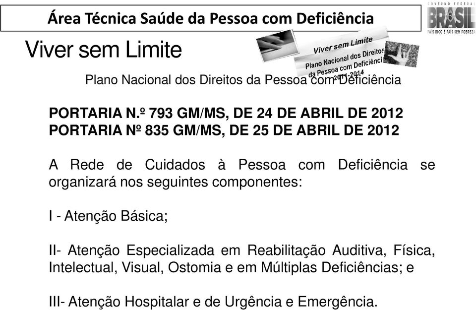 com Deficiência se organizará nos seguintes componentes: I - Atenção Básica; II- Atenção Especializada em