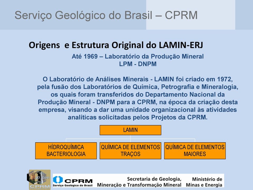 Departamento Nacional da Produção Mineral - DNPM para a CPRM, na época da criação desta empresa, visando a dar uma unidade