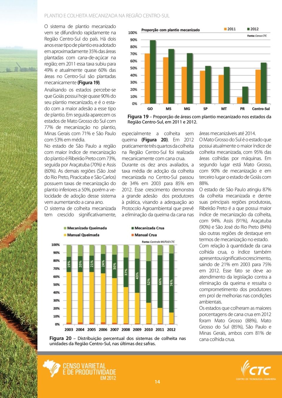 são plantadas mecanicamente (Figura 19). Analisando os estados percebe-se que Goiás possui hoje quase 90% do seu plantio mecanizado, e é o estado com a maior adesão a esse tipo de plantio.