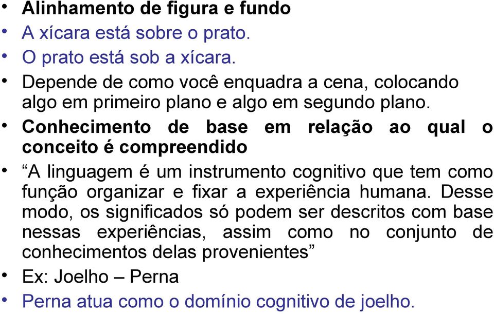 Conhecimento de base em relação ao qual o conceito é compreendido A linguagem é um instrumento cognitivo que tem como função organizar e