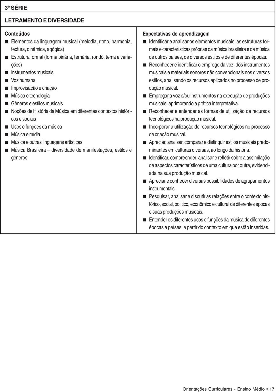 música Música e mídia Música e outras linguagens artísticas Música Brasileira diversidade de manifestações, estilos e gêneros Expectativas de aprendizagem Identificar e analisar os elementos