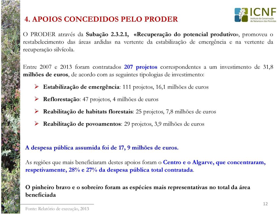 Entre 2007 e 2013 foram contratados 207 projetos correspondentes a um investimento de 31,8 milhões de euros, de acordo com as seguintes tipologias de investimento: Estabilização de emergência: 111