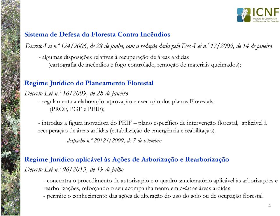 º 17/2009, de 14 de janeiro - algumas disposições relativas à recuperação de áreas ardidas (cartografia de incêndios e fogo controlado, remoção de materiais queimados); Regime Jurídico do Planeamento