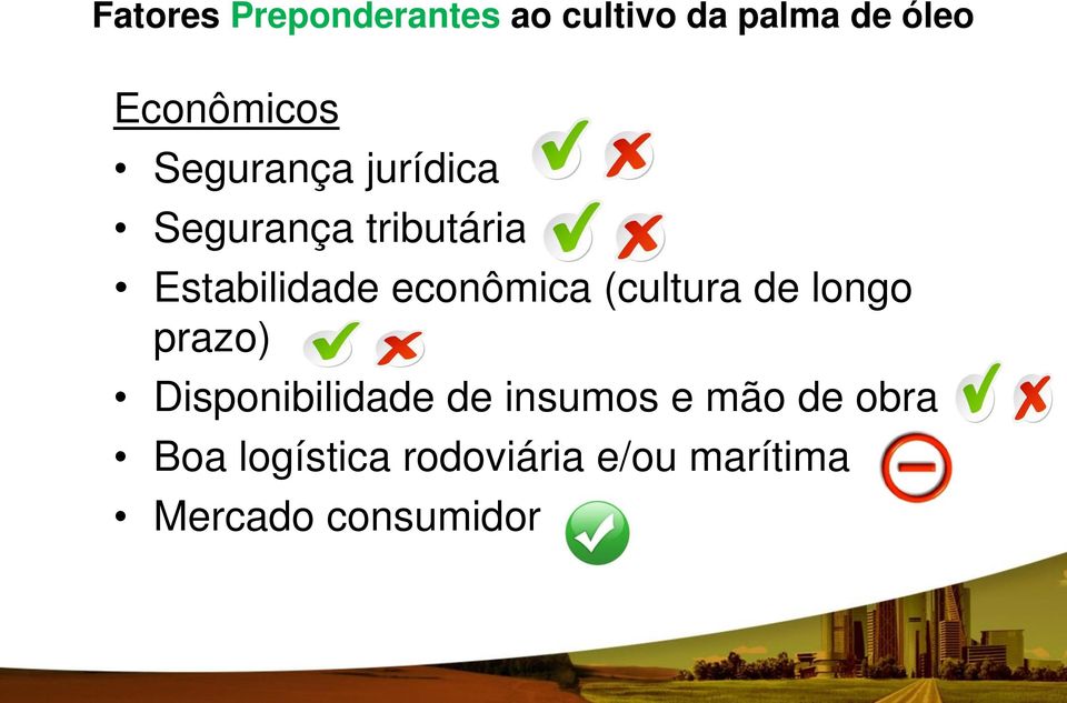 econômica (cultura de longo prazo) Disponibilidade de insumos