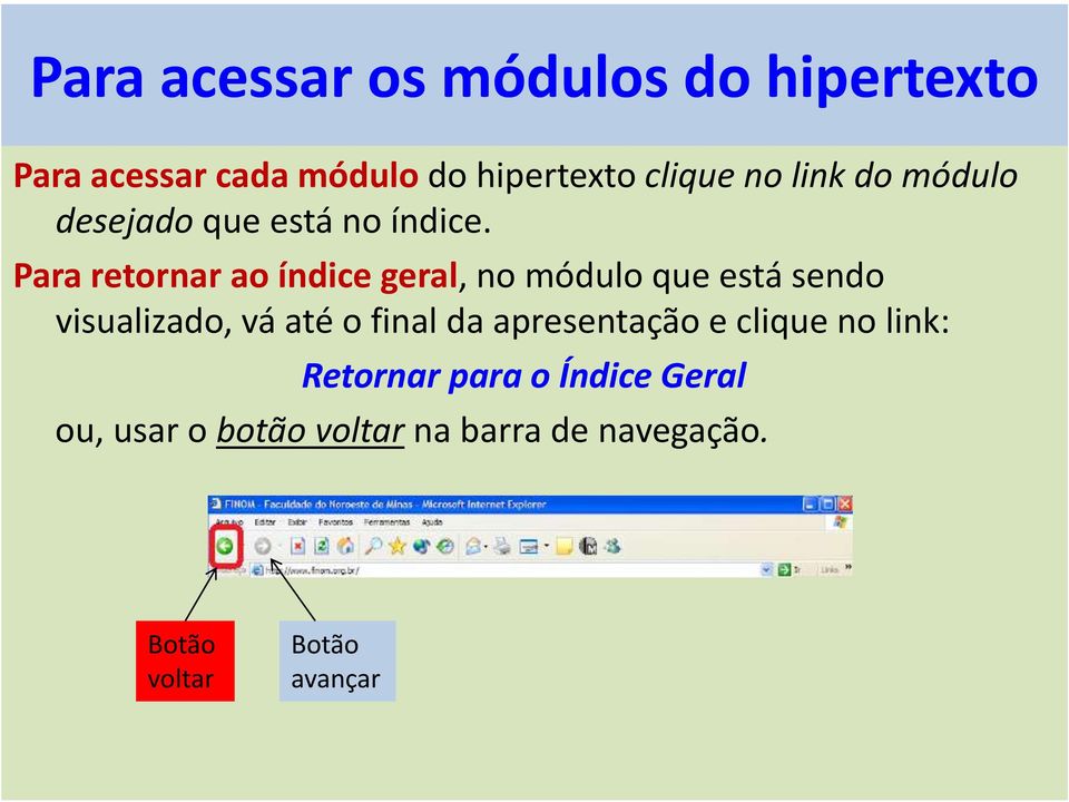 Para retornar ao índice geral, no módulo que está sendo visualizado, vá até o final da