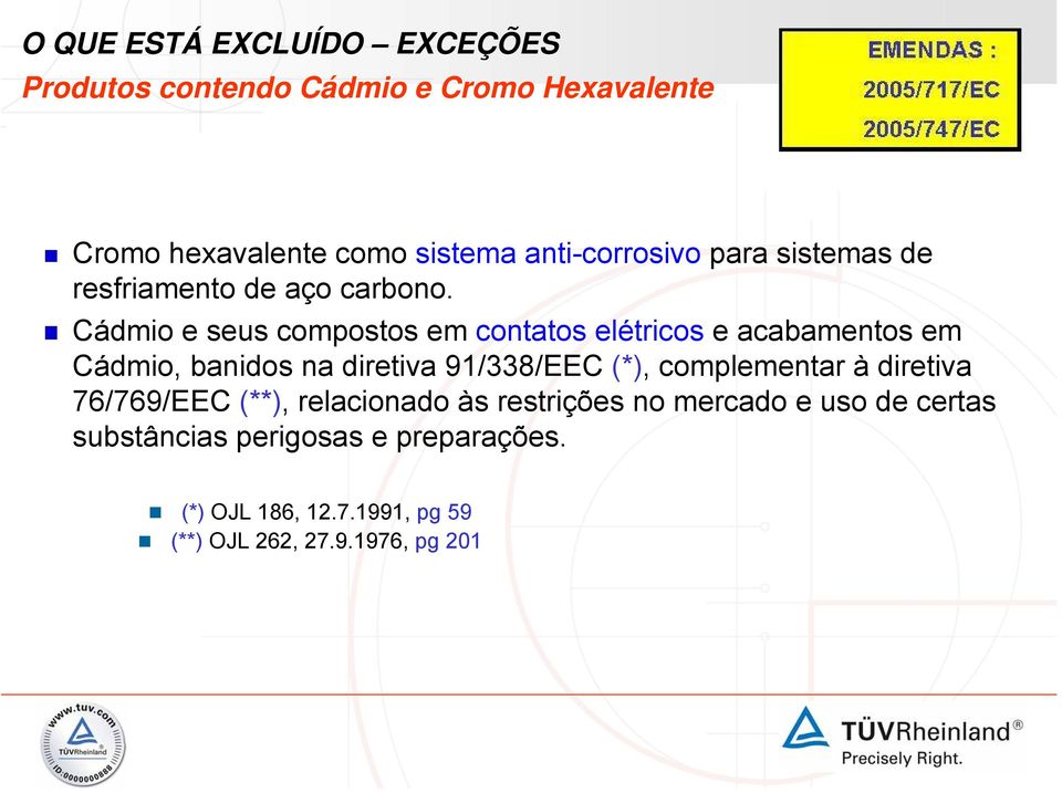 Cádmio e seus compostos em contatos elétricos e acabamentos em Cádmio, banidos na diretiva 91/338/EEC (*),