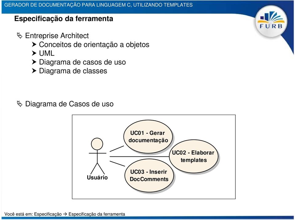 de uso UC01 - Gerar documentação UC02 - Elaborar templates Usuário UC03 -