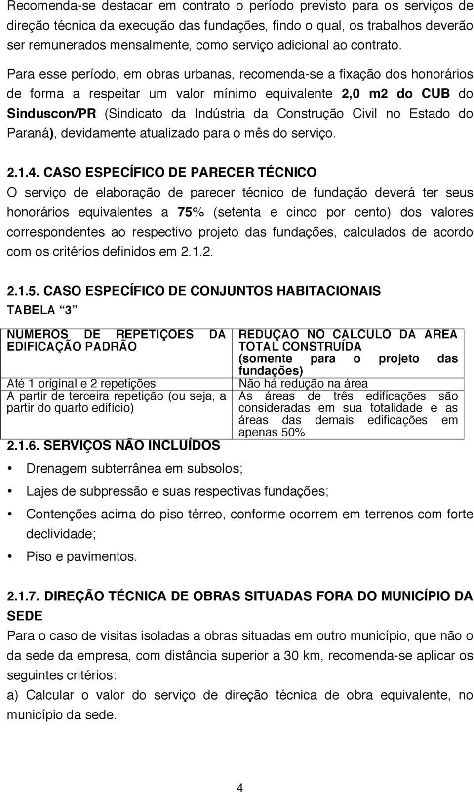 Para esse período, em obras urbanas, recomenda-se a fixação dos honorários de forma a respeitar um valor mínimo equivalente 2,0 m2 do CUB do Sinduscon/PR (Sindicato da Indústria da Construção Civil