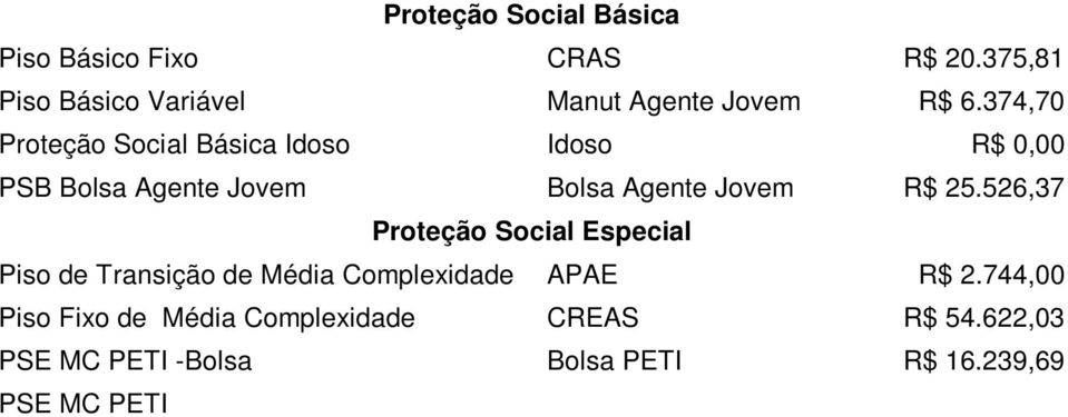 239,69 PSE MC PETI Jornada Ampliada Jornada Ampliada PETI R$ 11.979,84 Recursos de Co-financiamento estadual e municipal Recursos próprios alocados R$ 1.076.