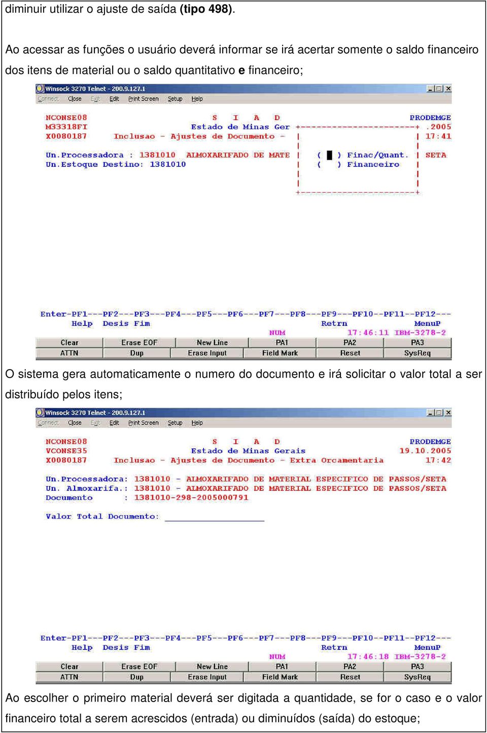 saldo quantitativo e financeiro; O sistema gera automaticamente o numero do documento e irá solicitar o valor total a