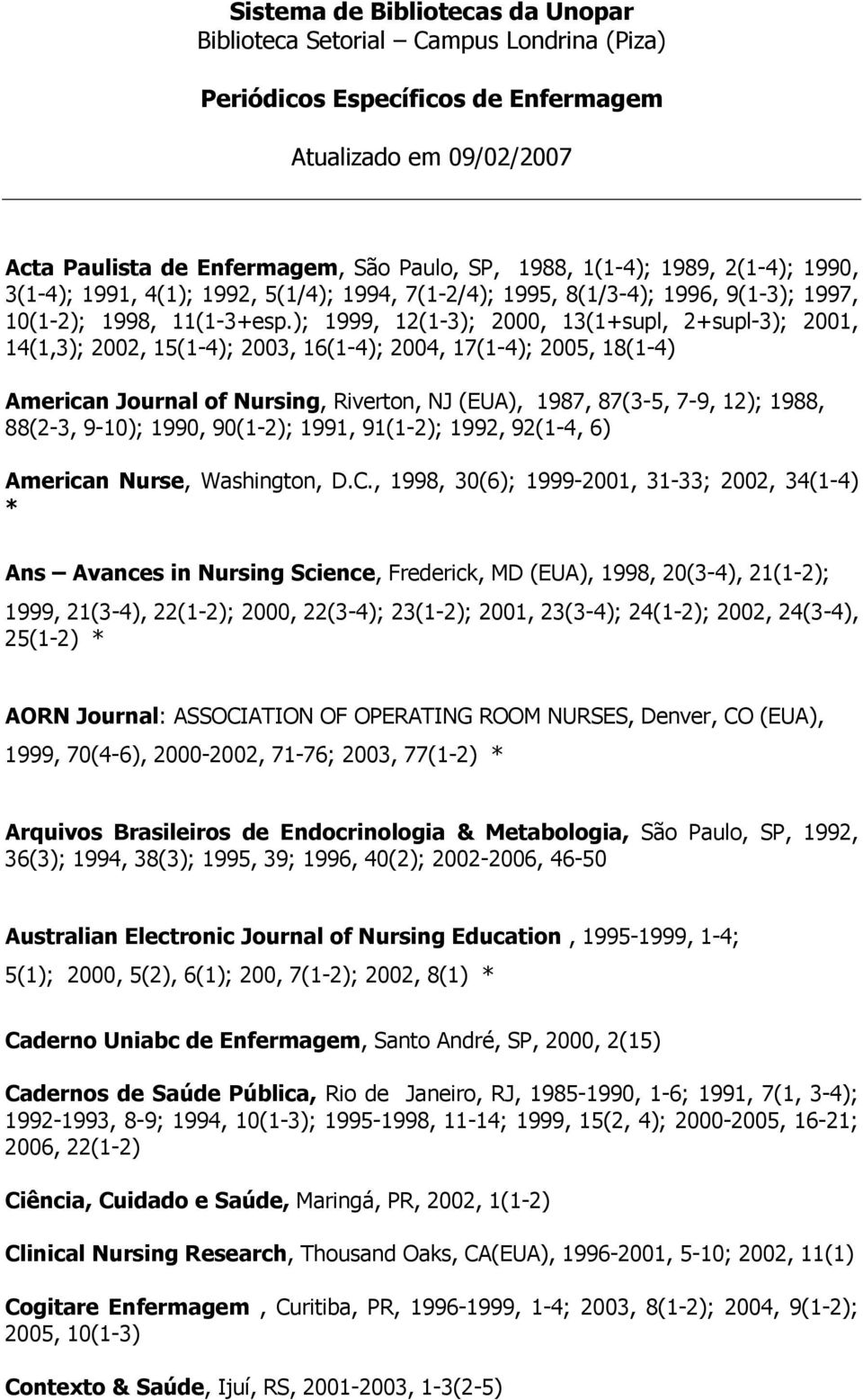 ); 1999, 12(1-3); 2000, 13(1+supl, 2+supl-3); 2001, 14(1,3); 2002, 15(1-4); 2003, 16(1-4); 2004, 17(1-4); 2005, 18(1-4) American Journal of Nursing, Riverton, NJ (EUA), 1987, 87(3-5, 7-9, 12); 1988,