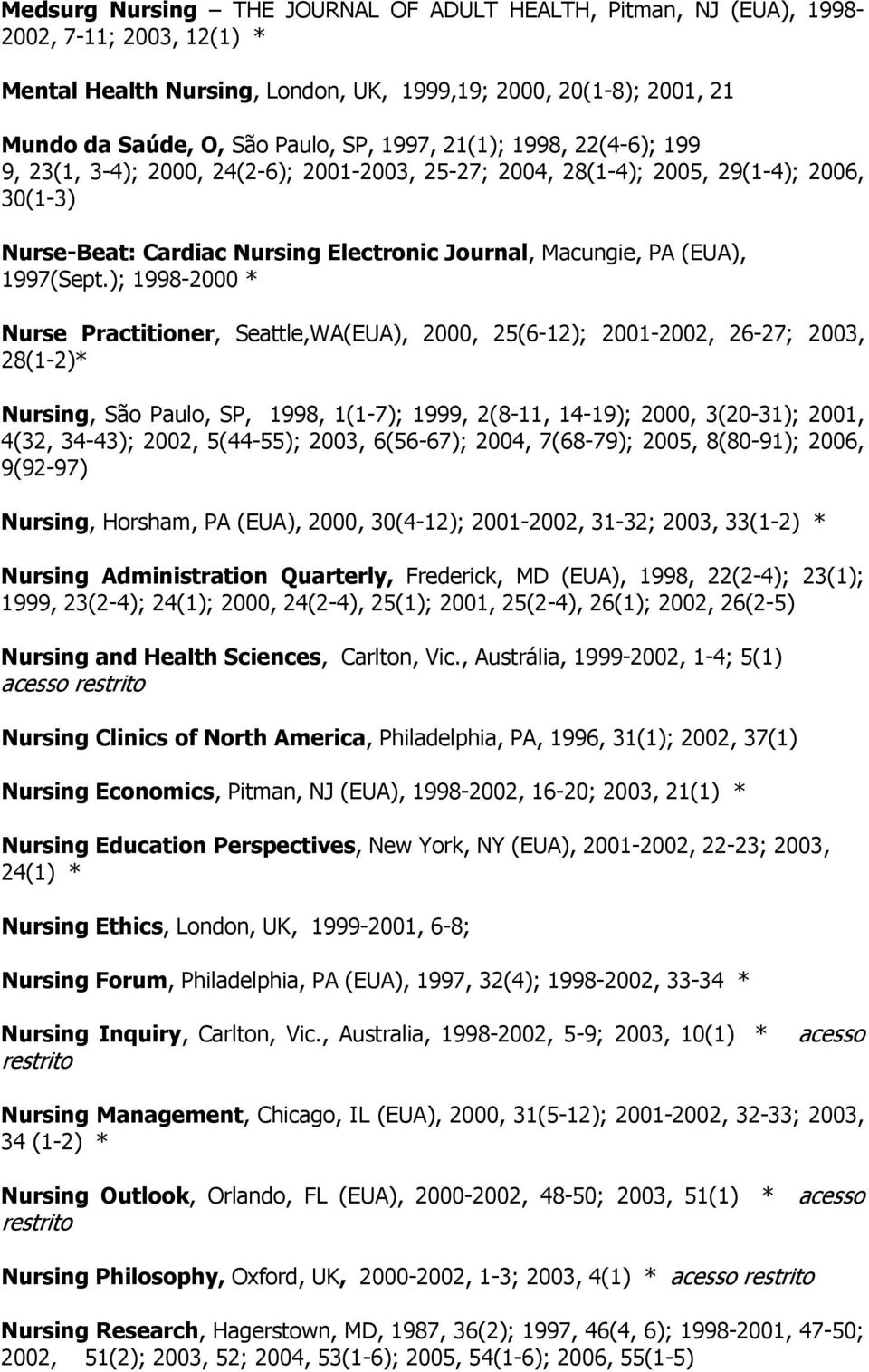 ); 1998-2000 Nurse Practitioner, Seattle,WA(EUA), 2000, 25(6-12); 2001-2002, 26-27; 2003, 28(1-2) Nursing, São Paulo, SP, 1998, 1(1-7); 1999, 2(8-11, 14-19); 2000, 3(20-31); 2001, 4(32, 34-43); 2002,