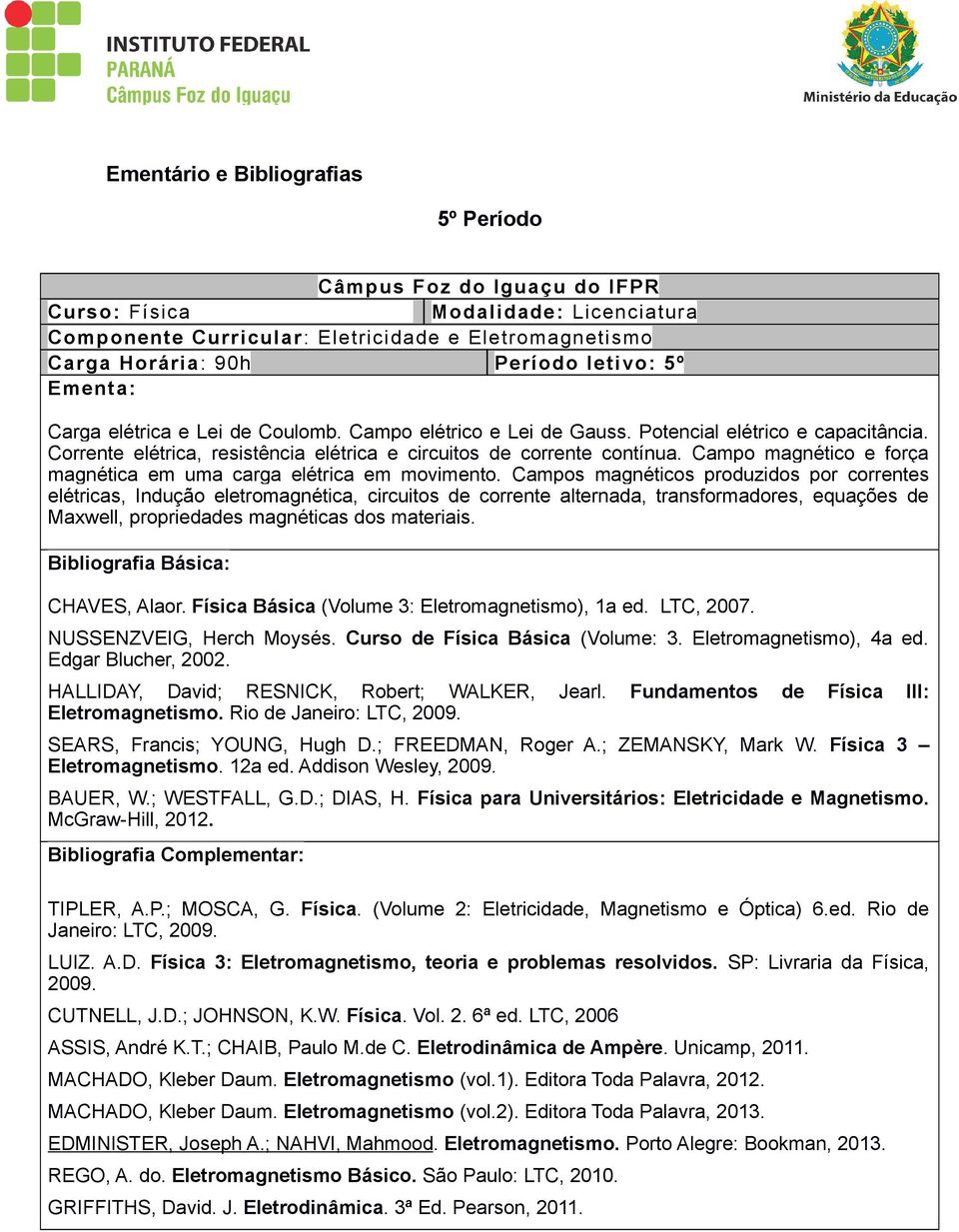 Campos magnéticos produzidos por correntes elétricas, Indução eletromagnética, circuitos de corrente alternada, transformadores, equações de Maxwell, propriedades magnéticas dos materiais.