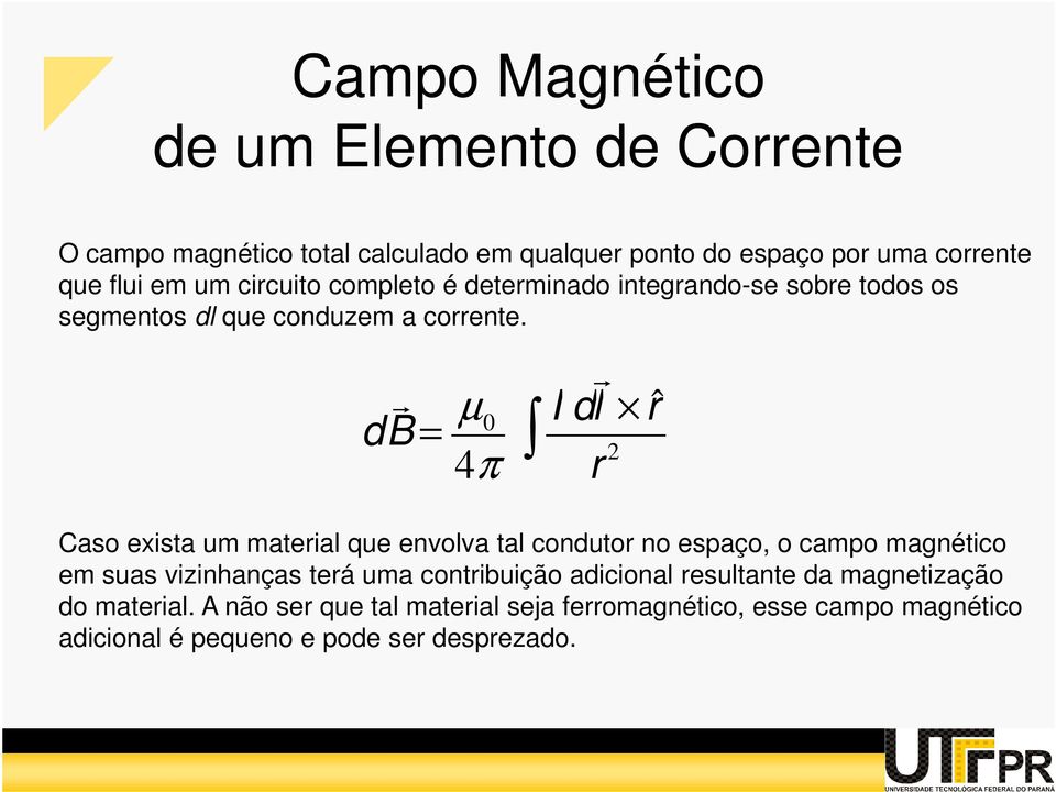 db = µ 4π I dl ˆ Caso exista um mateial que envolva tal conduto no espaço, o campo magnético em suas vizinhanças teá uma