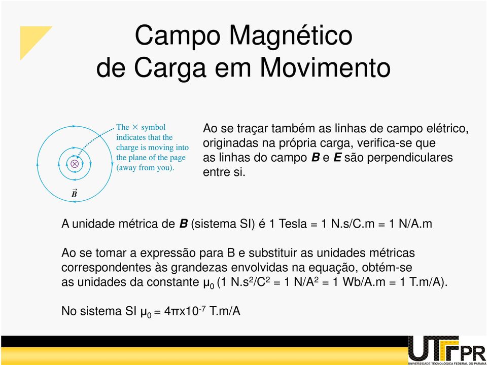 A unidade mética de B (sistema SI) é 1 Tesla = 1 N.s/C.m = 1 N/A.