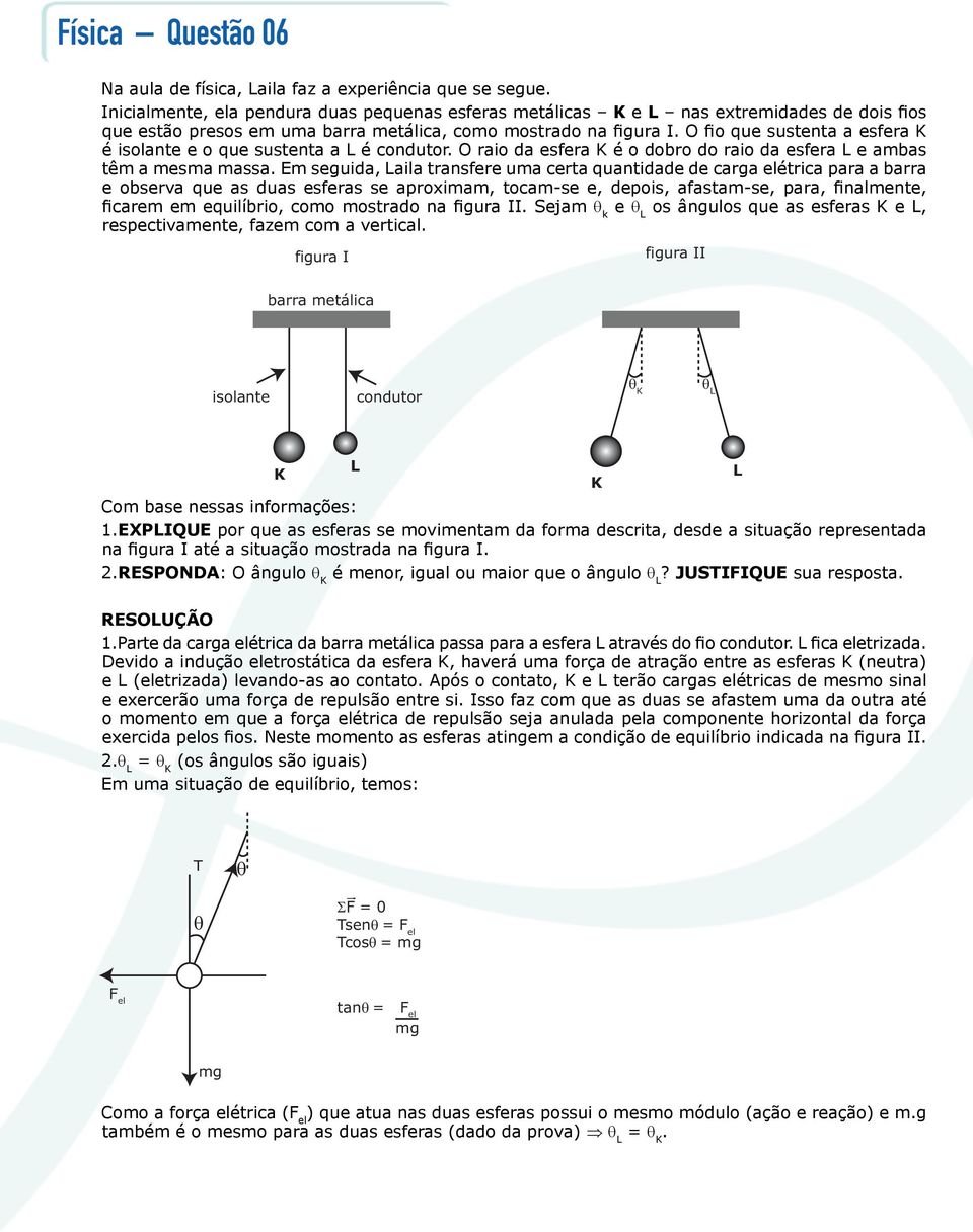 O fio que sustenta a esfera K é isolante e o que sustenta a L é condutor. O raio da esfera K é o dobro do raio da esfera L e ambas têm a mesma massa.