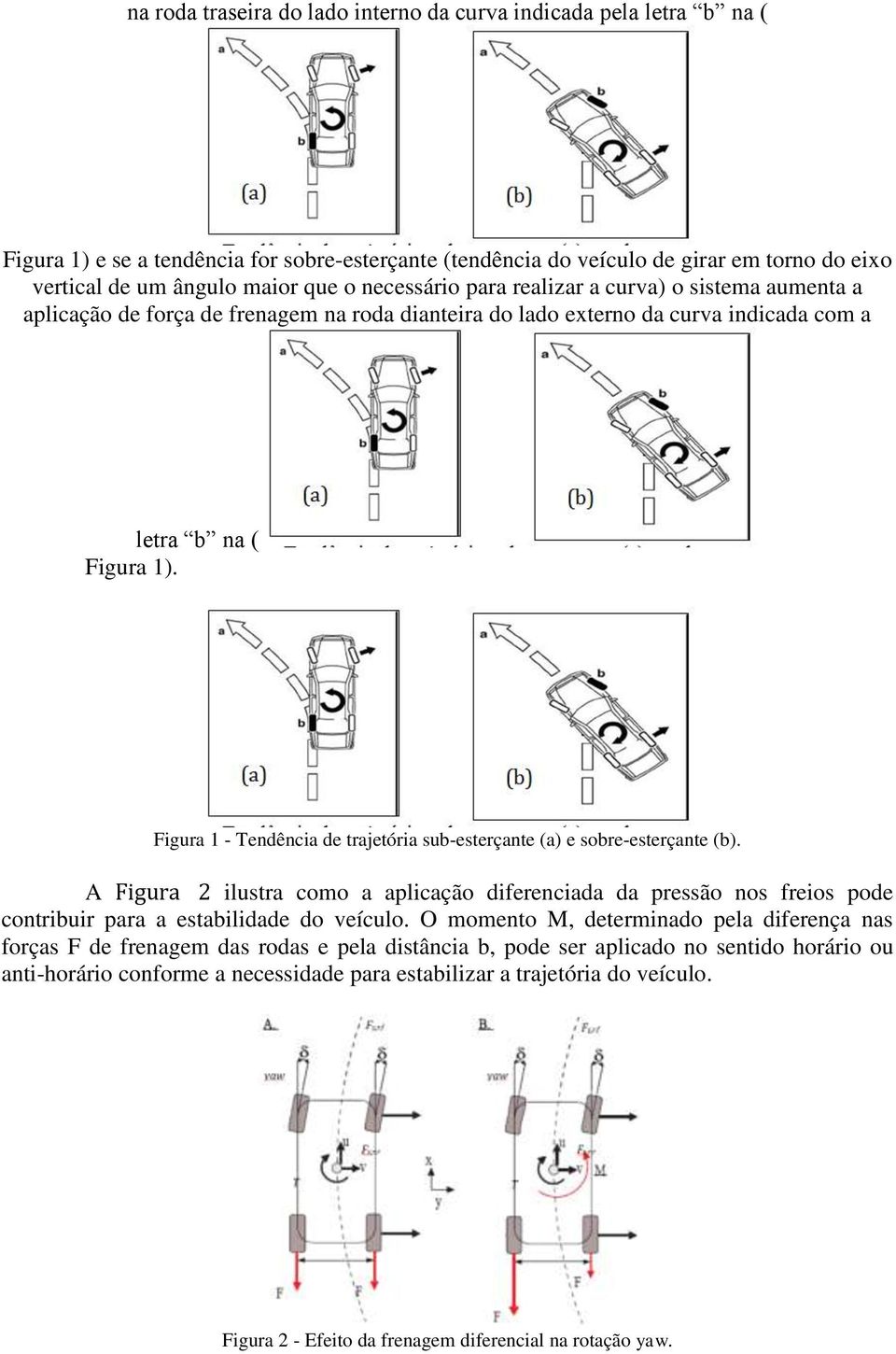 Figura 1 - Tendência de trajetória sub-esterçante (a) e sobre-esterçante (b). A Figura 2 ilustra como a aplicação diferenciada da pressão nos freios pode contribuir para a estabilidade do veículo.