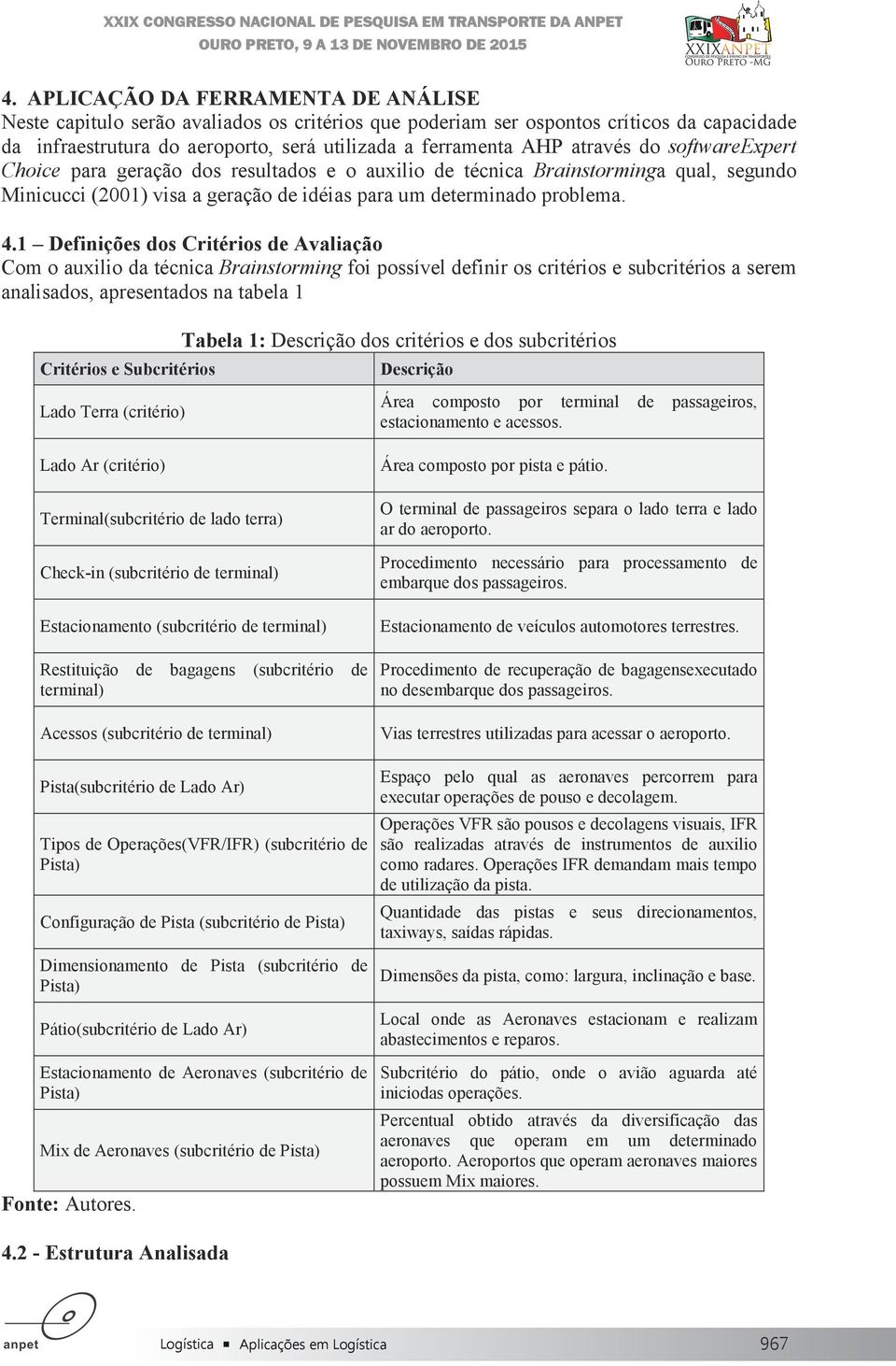 1 Definições dos Critérios de Avaliação Com o auxilio da técnica Brainstorming foi possível definir os critérios e subcritérios a serem analisados, apresentados na tabela 1 Critérios e Subcritérios