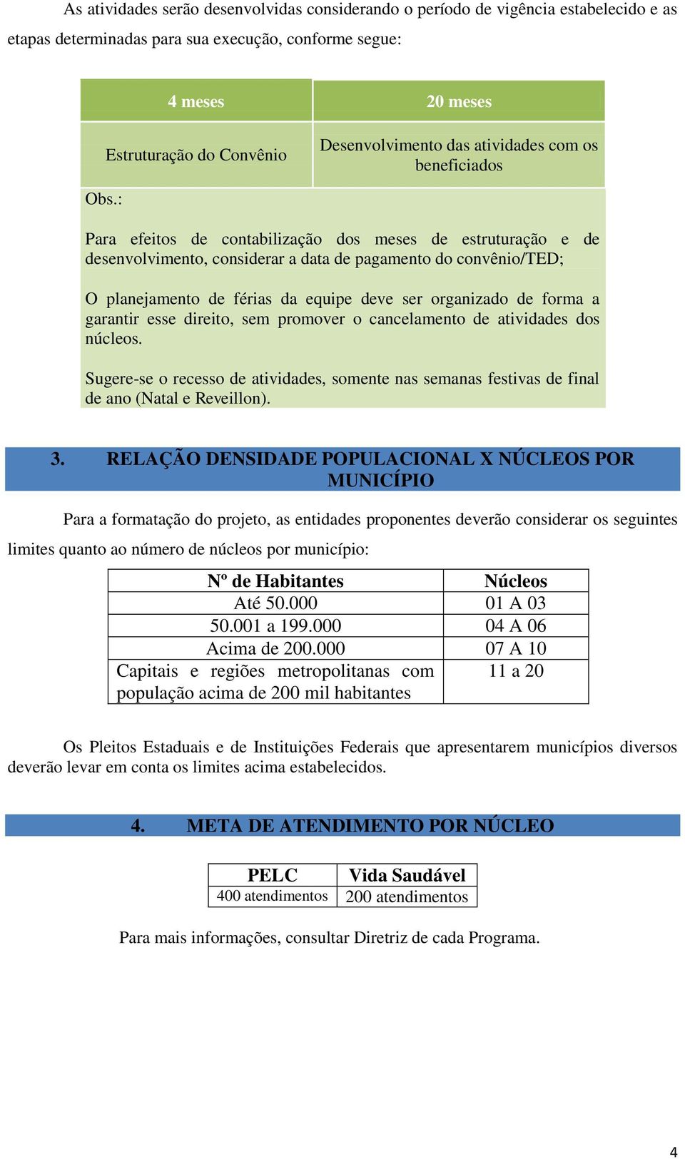 : Para efeitos de contabilização dos meses de estruturação e de desenvolvimento, considerar a data de pagamento do convênio/ted; O planejamento de férias da equipe deve ser organizado de forma a