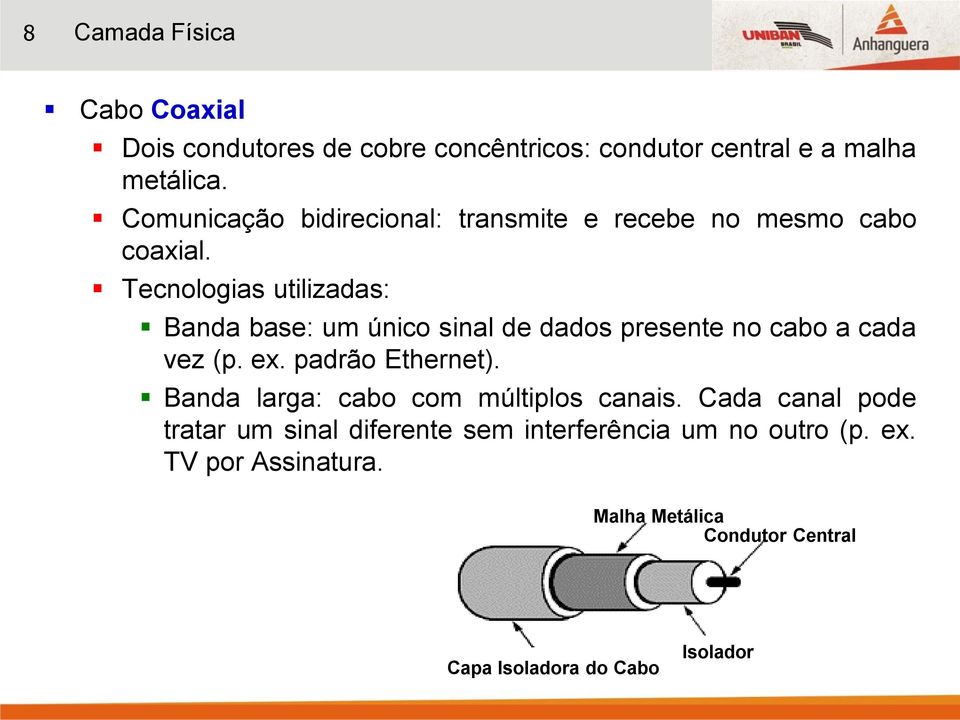 Tecnologias utilizadas: Banda base: um único sinal de dados presente no cabo a cada vez (p. ex. padrão Ethernet).