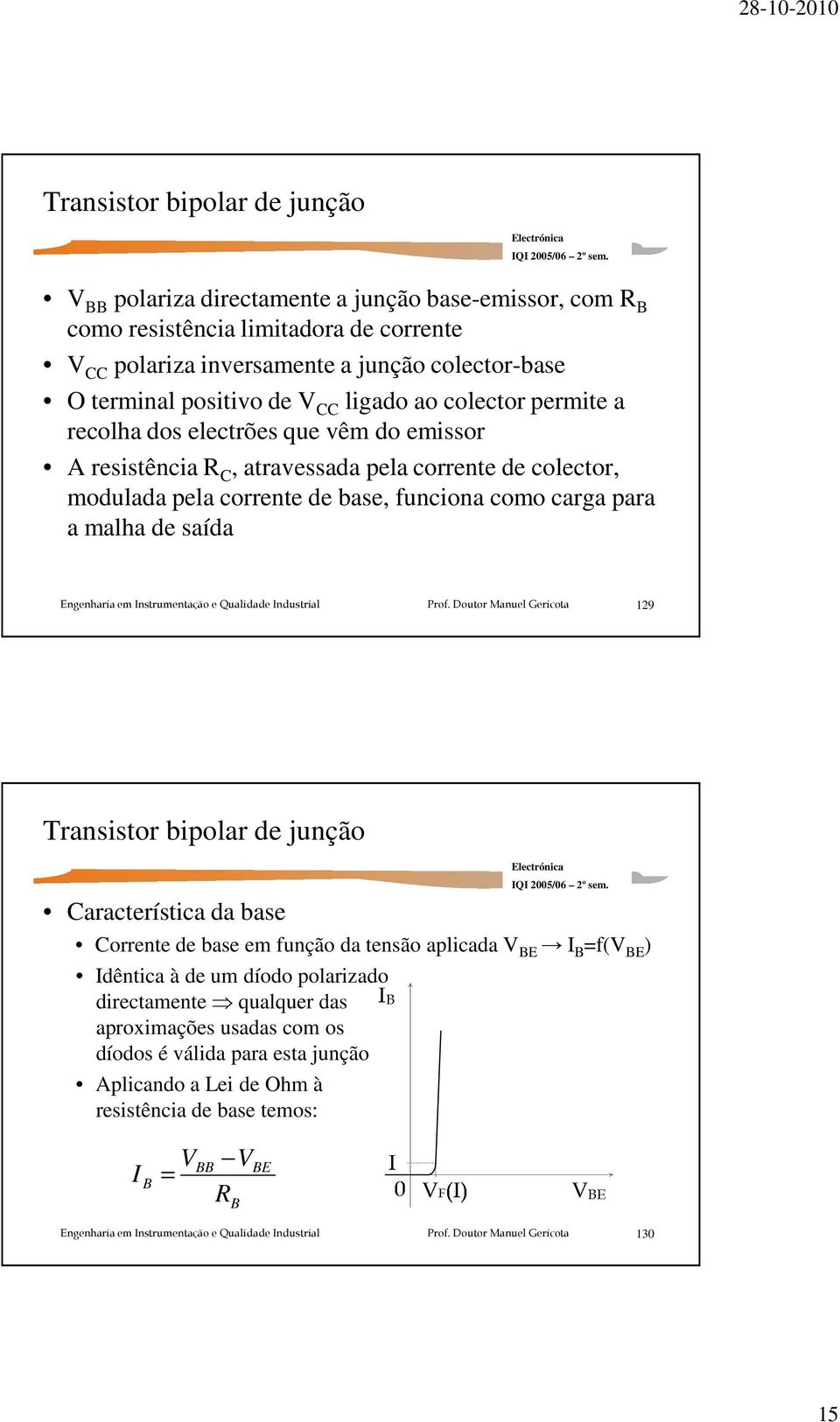 base, funciona como carga para a malha de saída 129 Transistor bipolar de junção Característica da base Corrente de base em função da tensão aplicada V BE I B =f(v BE ) Idêntica à