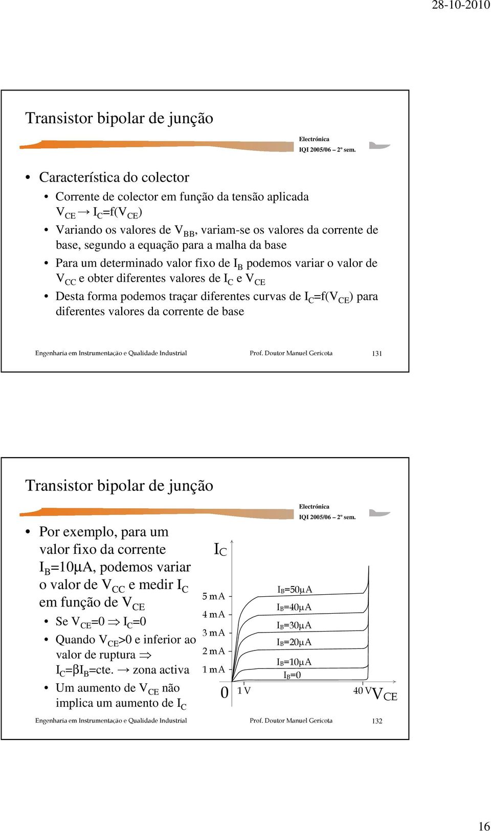 C =f(v CE ) para diferentes valores da corrente de base 131 Transistor bipolar de junção Por exemplo, para um valor fixo da corrente I B =10µA, podemos variar o valor de V CC e medir I C em função de