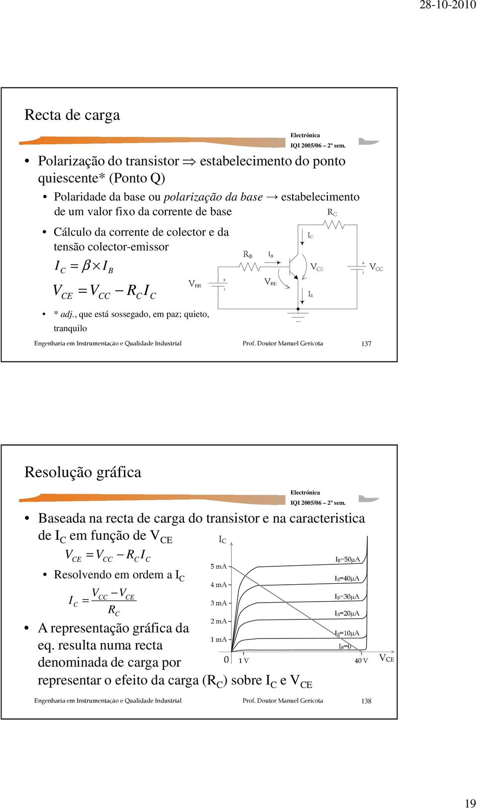 , que está sossegado, em paz; quieto, tranquilo 137 Resolução gráfica Baseada na recta de carga do transistor e na caracteristica de I C em função de V CE V =