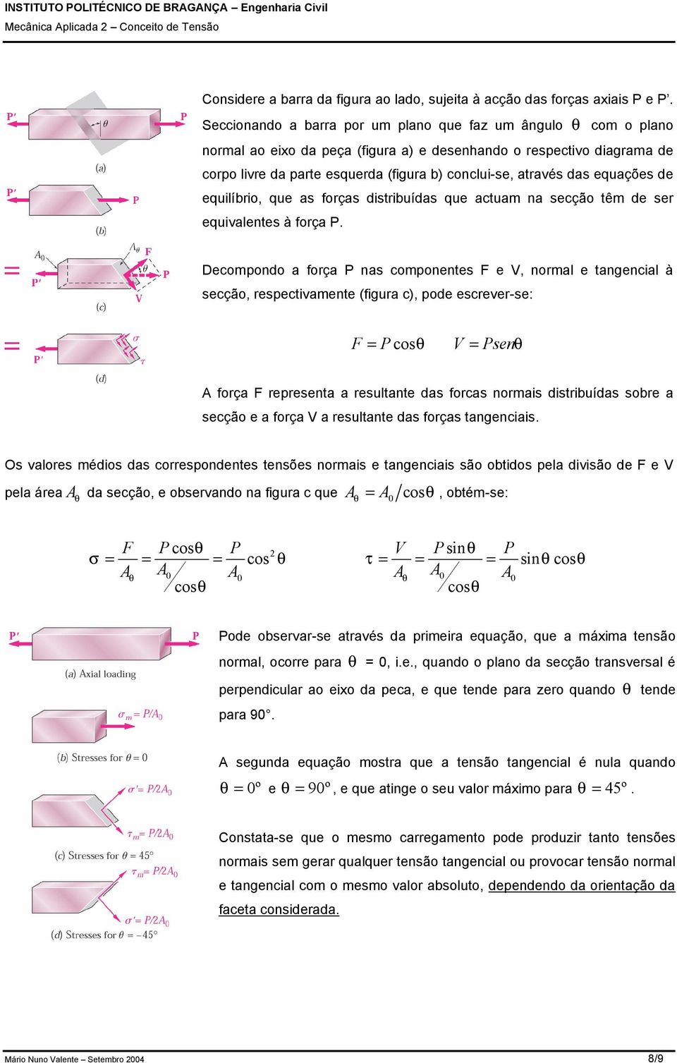 das equações de equilíbrio, que as forças distribuídas que actuam na secção têm de ser equivalentes à força.