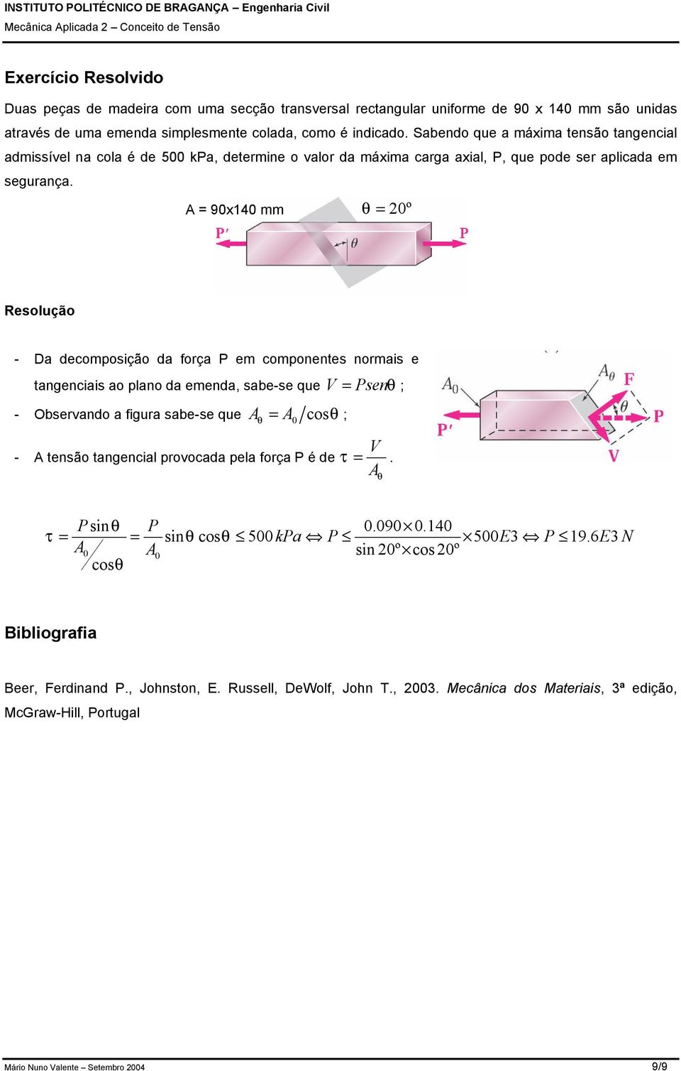 = 90x140 mm θ = 20º Resolução - Da decomposição da força em componentes normais e tangenciais ao plano da emenda, sabe-se que V - Observando a figura sabe-se que = cos 0 θ ; - tensão tangencial