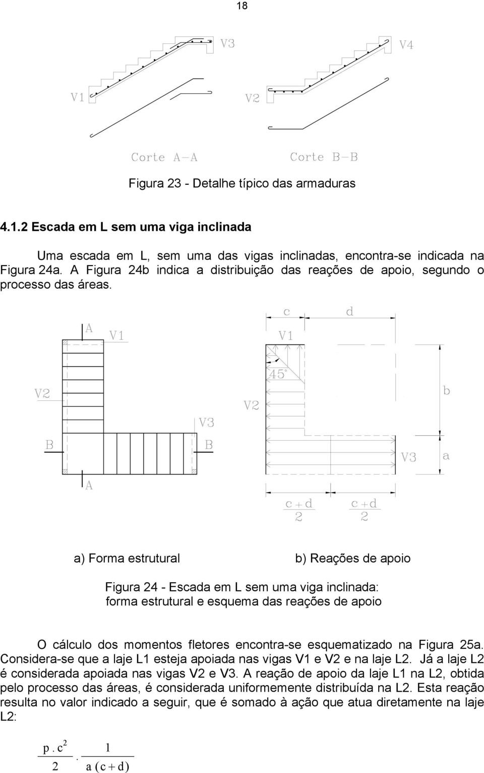 a) Forma estrutural b) Reações de apoio Figura 24 - Escada em L sem uma viga inclinada: forma estrutural e esquema das reações de apoio O cálculo dos momentos fletores encontra-se esquematizado na