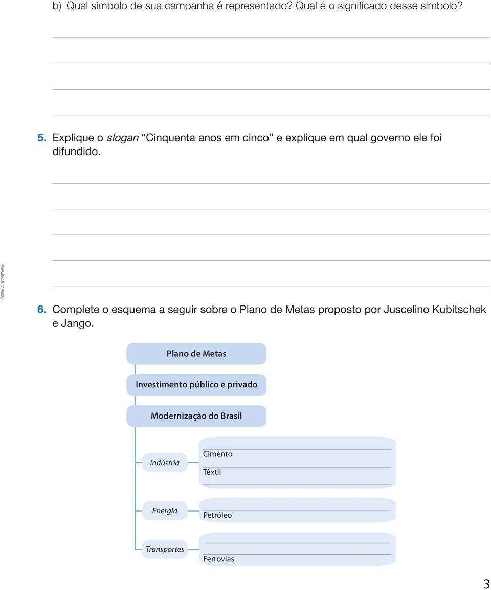 Complete o esquema a seguir sobre o Plano de Metas proposto por Juscelino Kubitschek e Jango.