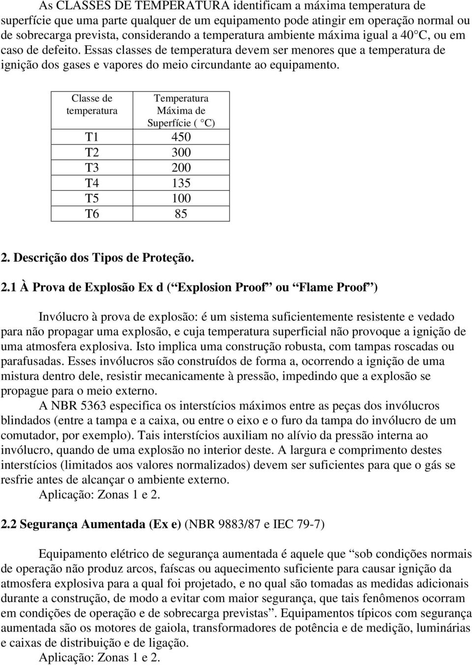 Classe de temperatura Temperatura Máxima de Superfície ( C) T1 450 T2 300 T3 20